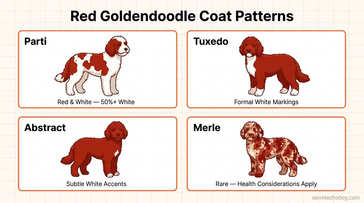Four red Goldendoodle coat patterns illustrated: parti red and white, red tuxedo, red abstract, and red merle