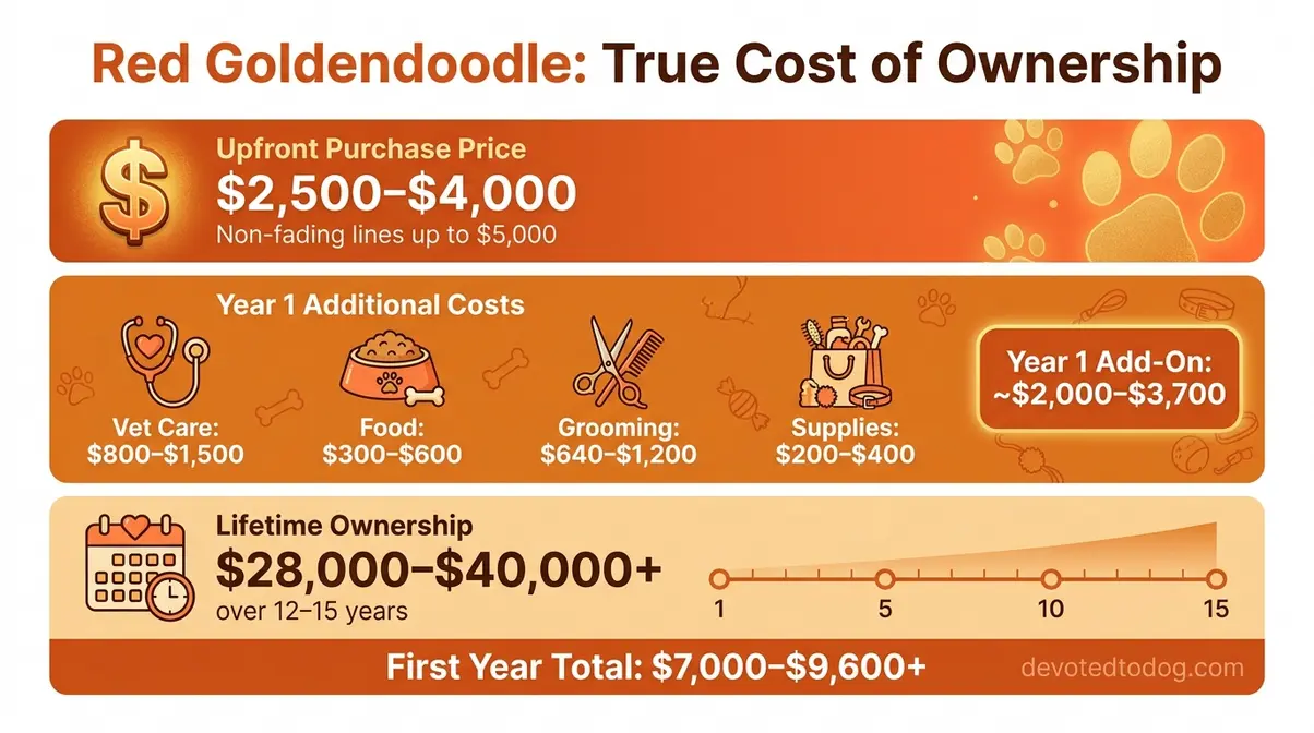 Red goldendoodle cost breakdown infographic showing upfront breeder cost first year expenses and lifetime ownership total