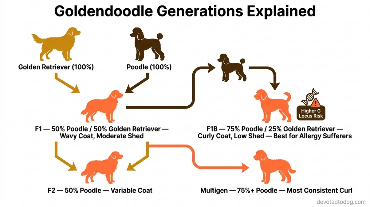 Illustrated diagram showing Goldendoodle generation breeding chart from F1 first generation to F1B backcross with parent breed percentages