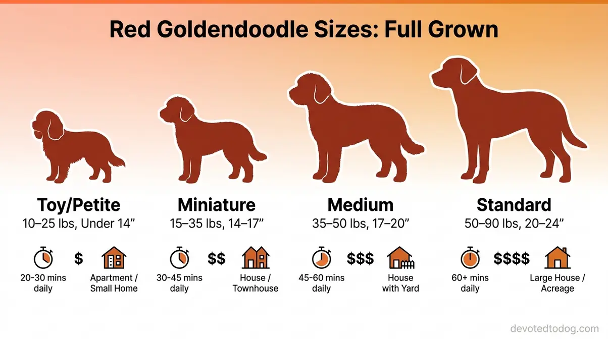 Red goldendoodle size comparison infographic showing toy mini medium and standard sizes with adult height weight and exercise requirements