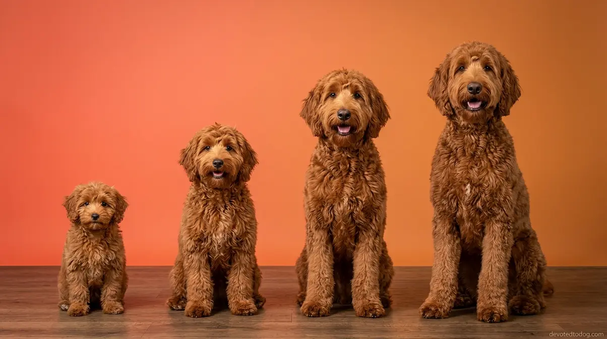 Four red Goldendoodles showing toy mini medium and standard size differences side by side in studio