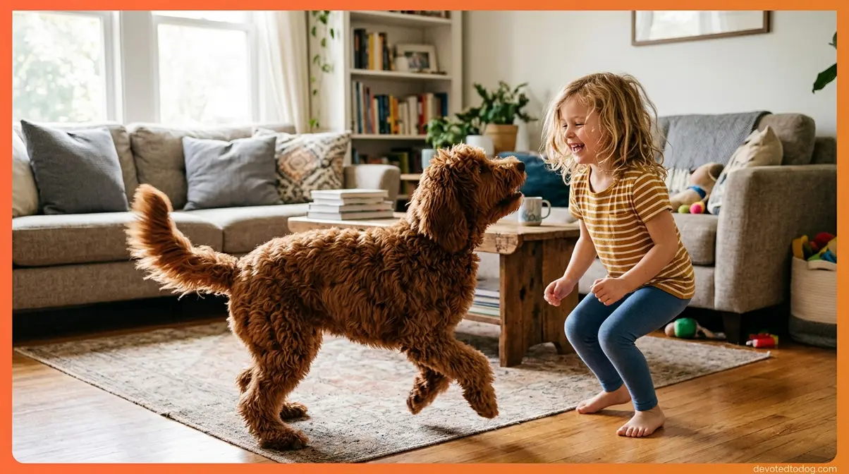 Red Goldendoodle with auburn wavy coat playing with young child in bright family living room