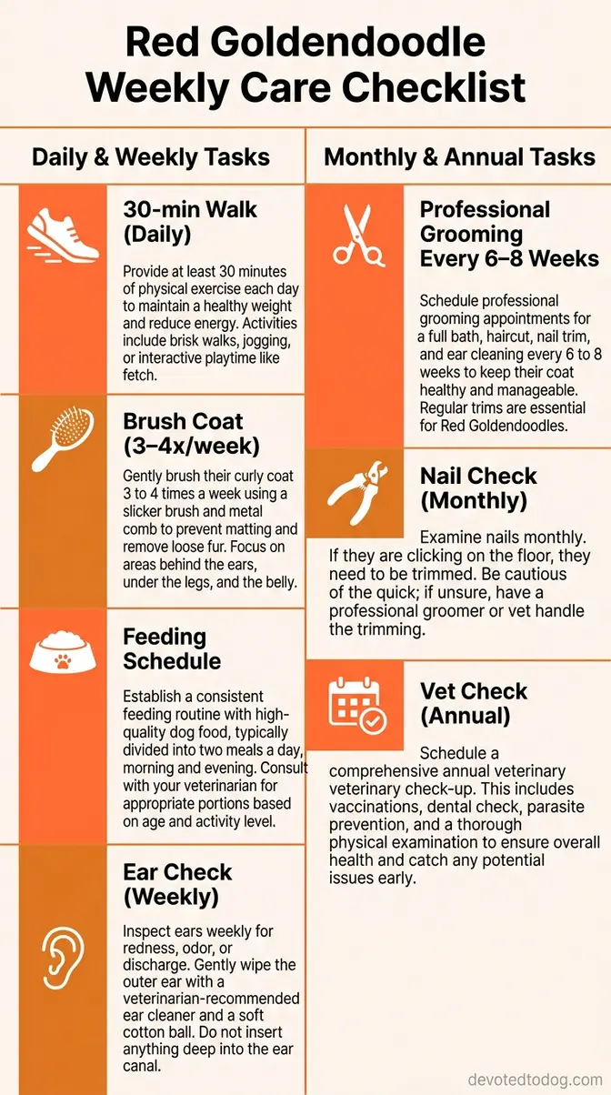 Weekly care routine checklist for red Goldendoodle owners covering exercise, brushing, and grooming schedule