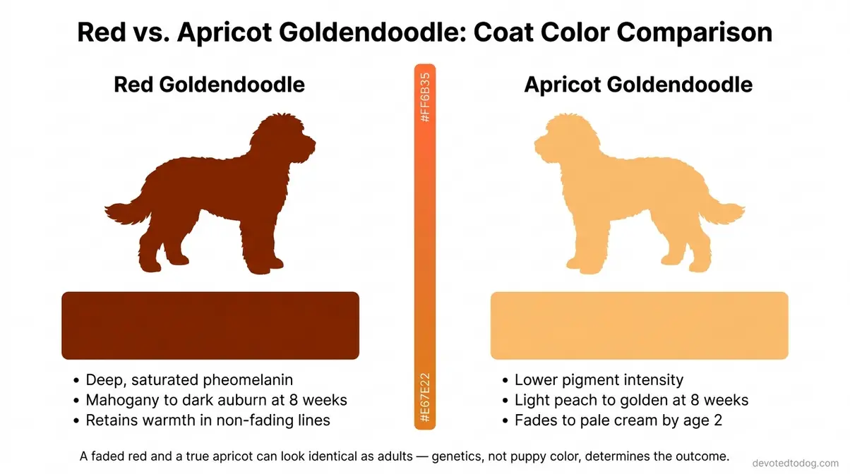 Side-by-side comparison of red goldendoodle versus apricot goldendoodle coat colors showing pigment intensity differences