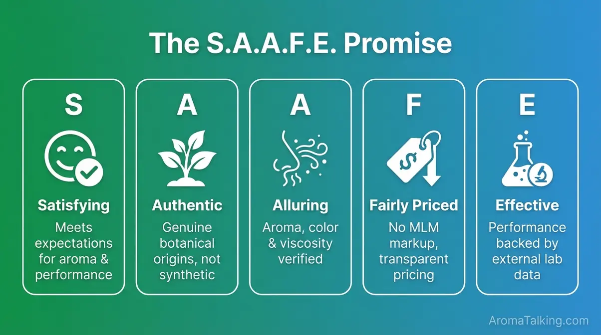 Infographic showing the five S.A.A.F.E. quality promise pillars for Rocky Mountain Oils essential oils