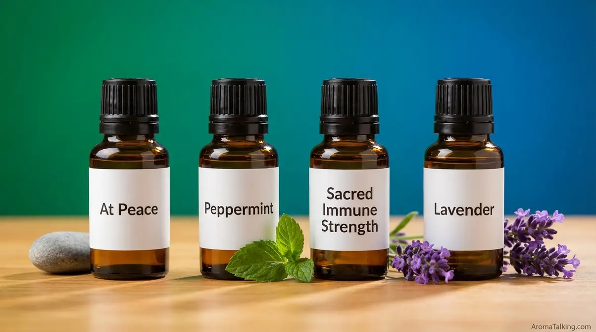 Rocky Mountain Oils product lineup showing At Peace, Peppermint, Sacred Immune Strength, and Lavender essential oil bottles