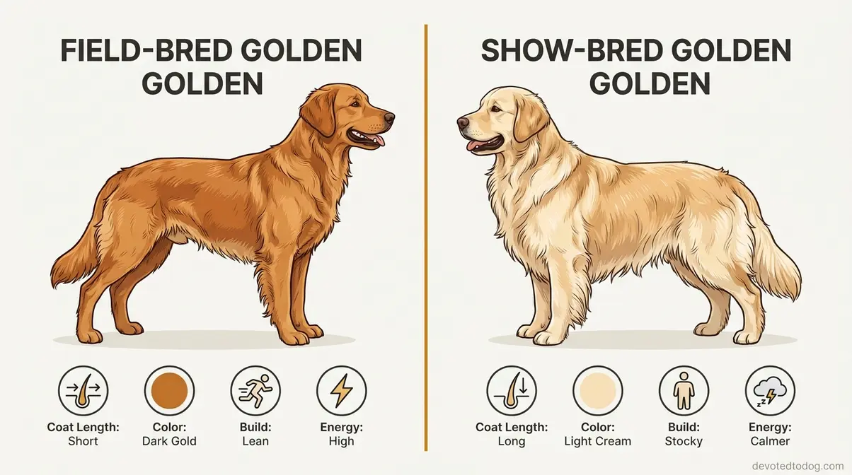 Field bred golden retriever with short flat coat next to show bred golden retriever with long feathering side by side comparison