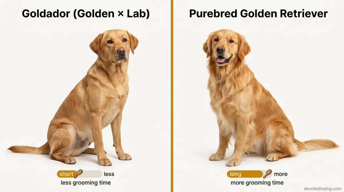 Short haired Goldador golden retriever lab mix next to purebred golden retriever showing coat length difference comparison