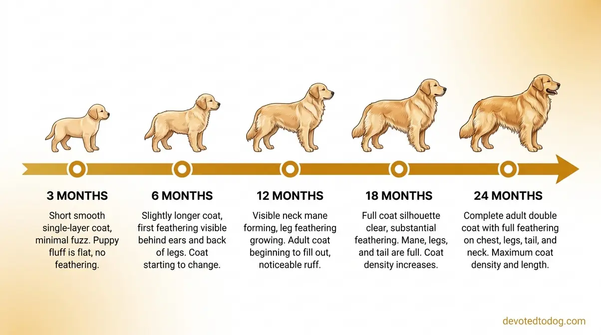 Golden retriever puppy coat development timeline from short puppy coat at 3 months to full adult feathering at 24 months