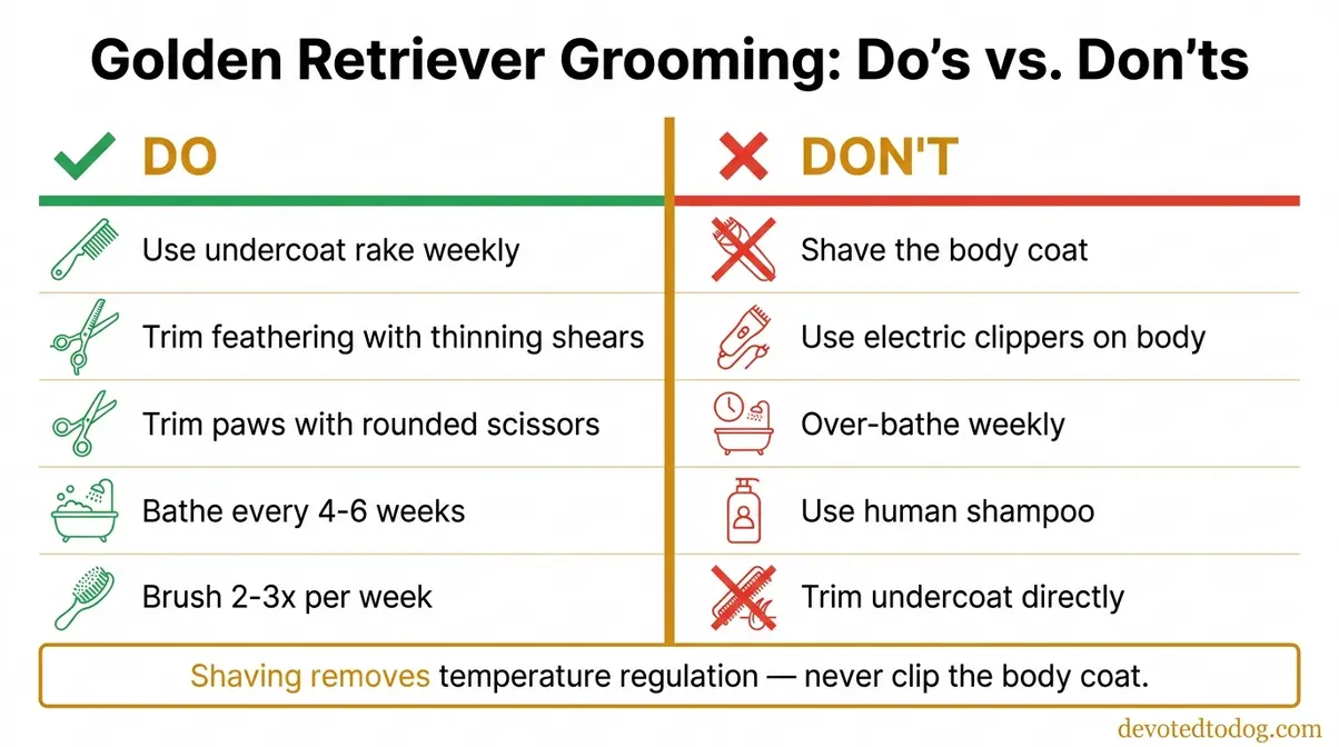 Golden retriever grooming chart showing safe trimming tools versus harmful shaving tools for double coated dogs