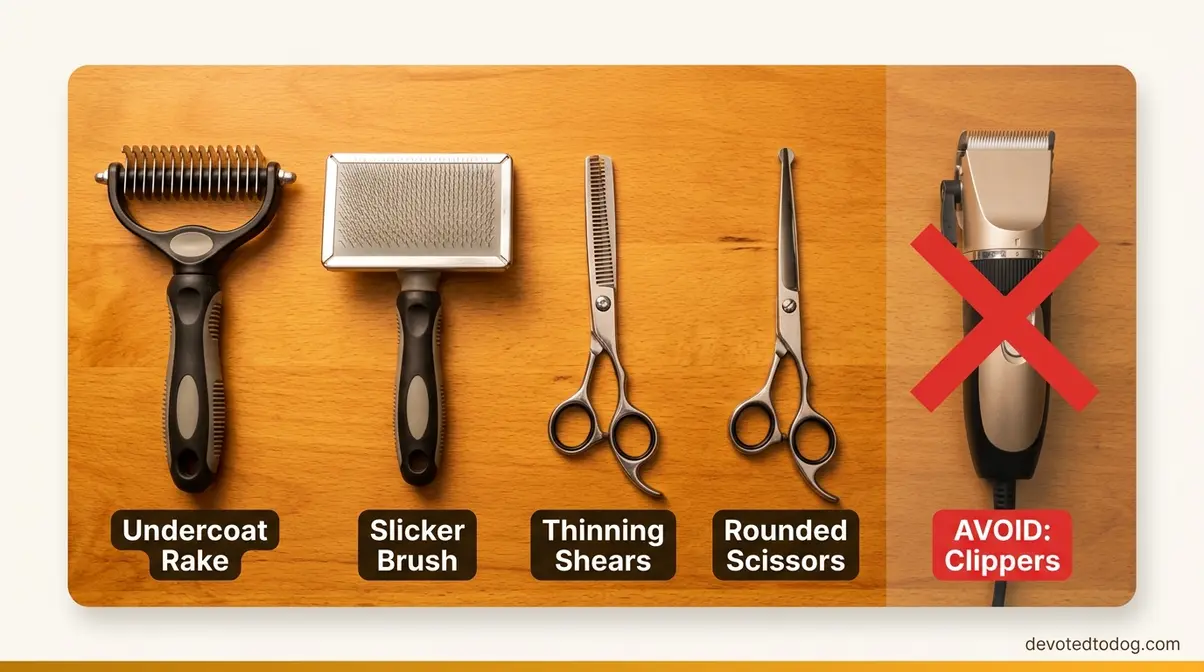 Safe golden retriever grooming tools including undercoat rake, slicker brush, and thinning shears arranged on wood surface