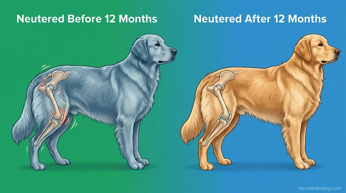 Comparison illustration showing health risks of early versus properly timed spay or neuter in Golden Retrievers