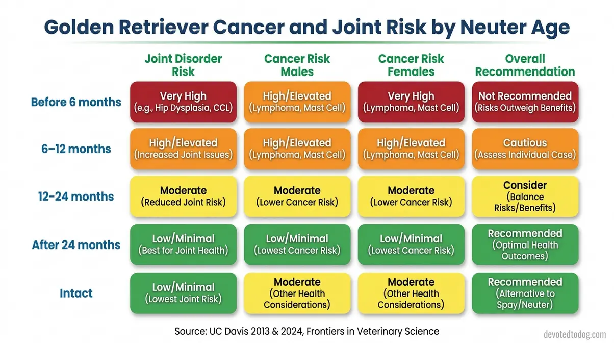 Risk matrix infographic showing cancer and joint disorder probability for Golden Retrievers spayed or neutered at different ages