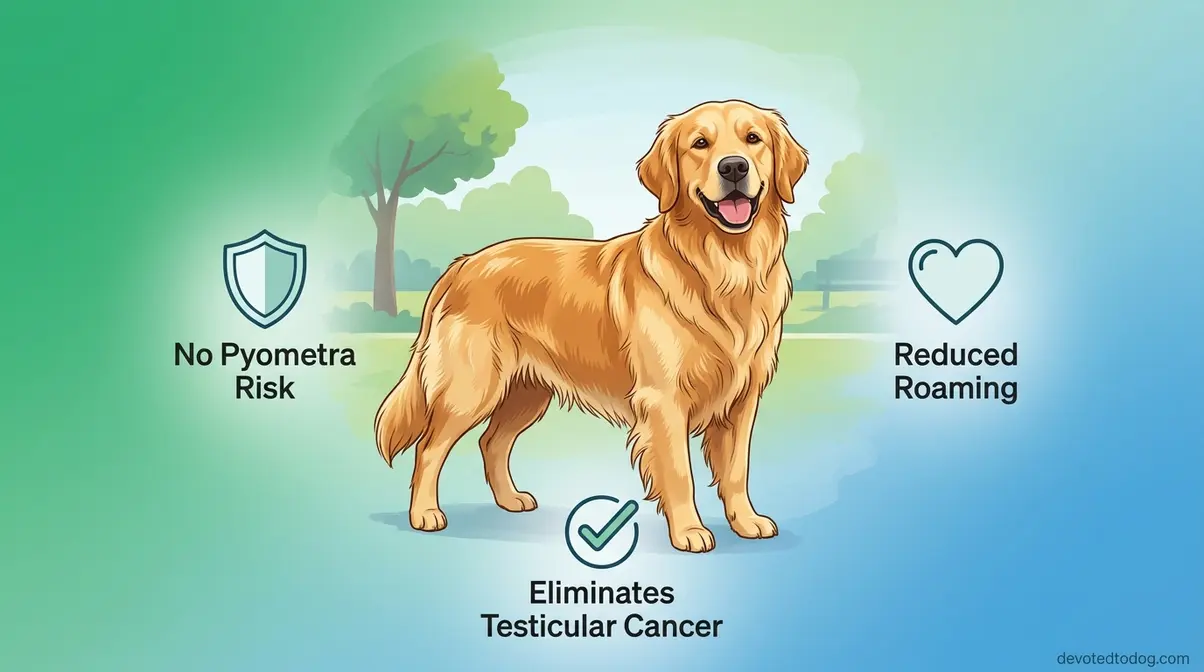 Golden Retriever with illustrated icons showing benefits of spaying or neutering including pyometra prevention and cancer risk reduction