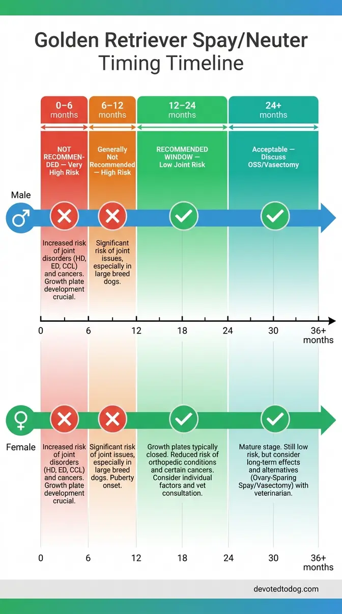 Infographic timeline showing recommended spay or neuter ages for male and female Golden Retrievers with color-coded risk zones