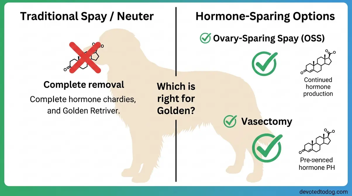 Diagram comparing traditional spay and neuter versus hormone-sparing alternatives like ovary-sparing spay and vasectomy for Golden Retrievers