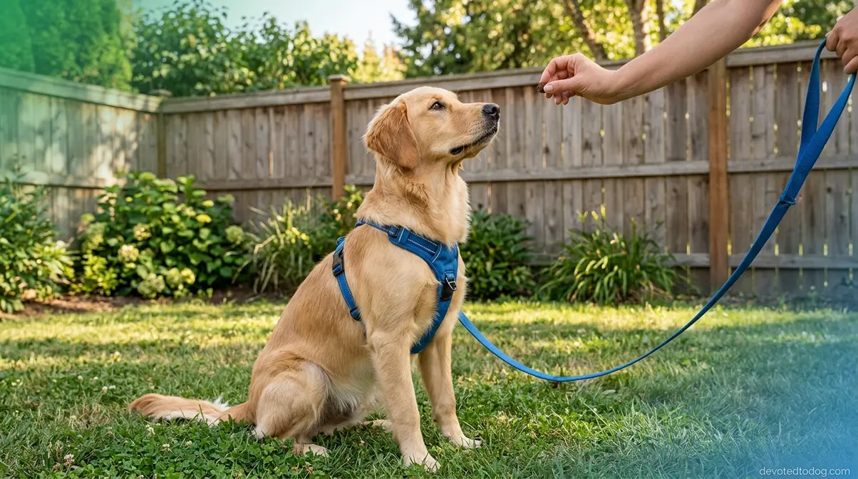 Adolescent Golden Retriever practicing impulse control training with owner during intact waiting period before spay or neuter