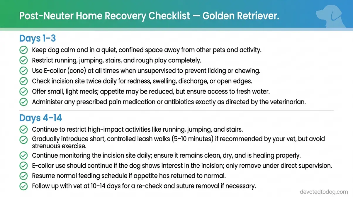 Post-neuter recovery checklist for Golden Retriever owners covering wound care, rest, and activity restrictions for days one through fourteen