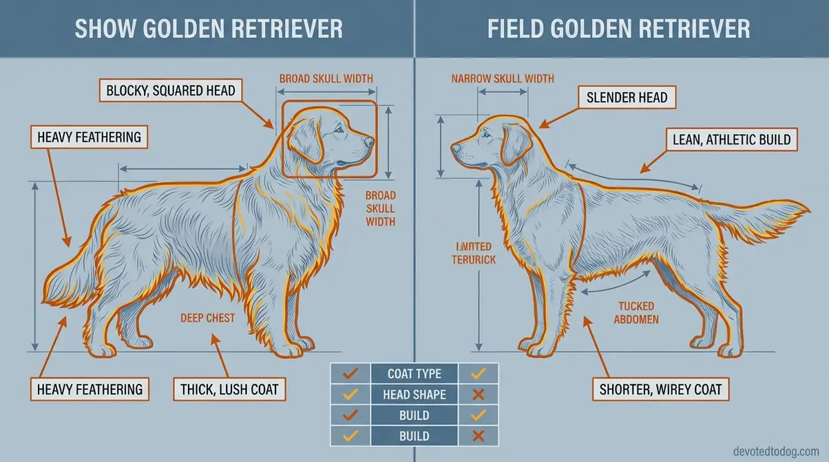 Field vs show golden retriever body type comparison diagram showing squared head versus lean
