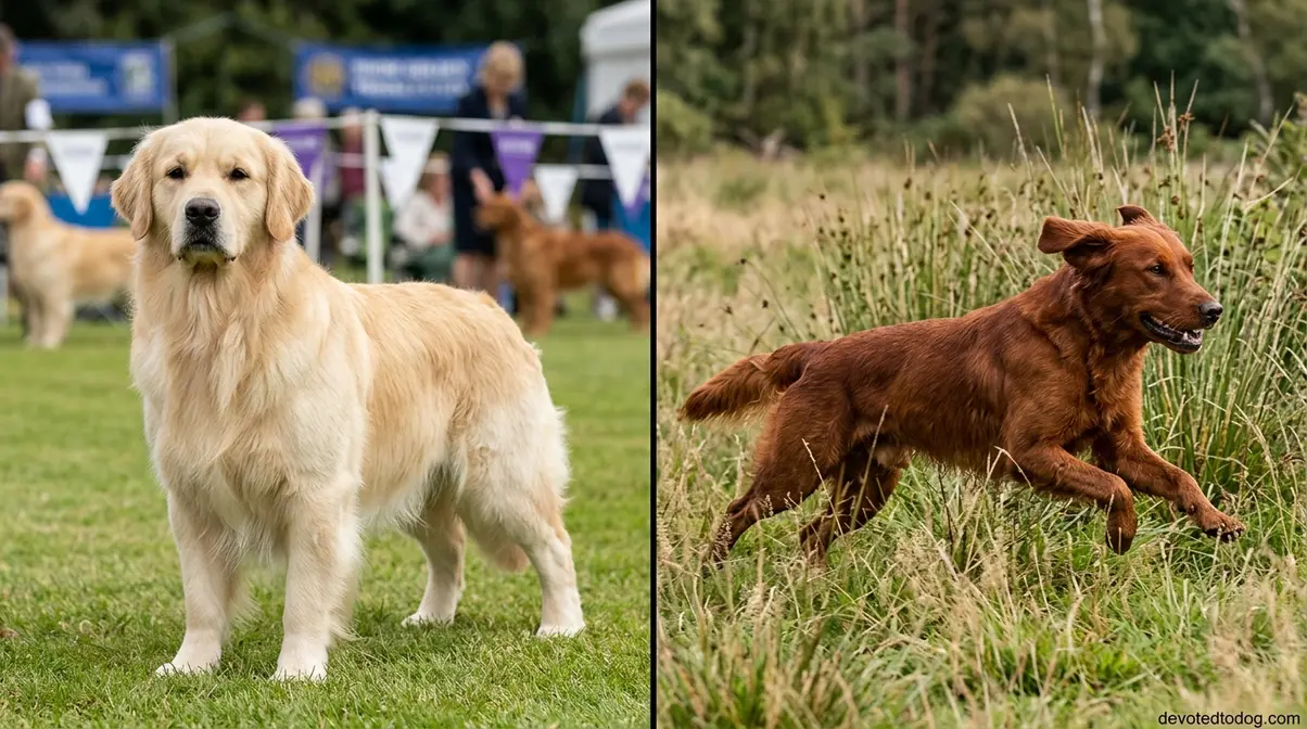 Side by side comparison of a field Golden Retriever and a show Golden Retriever
