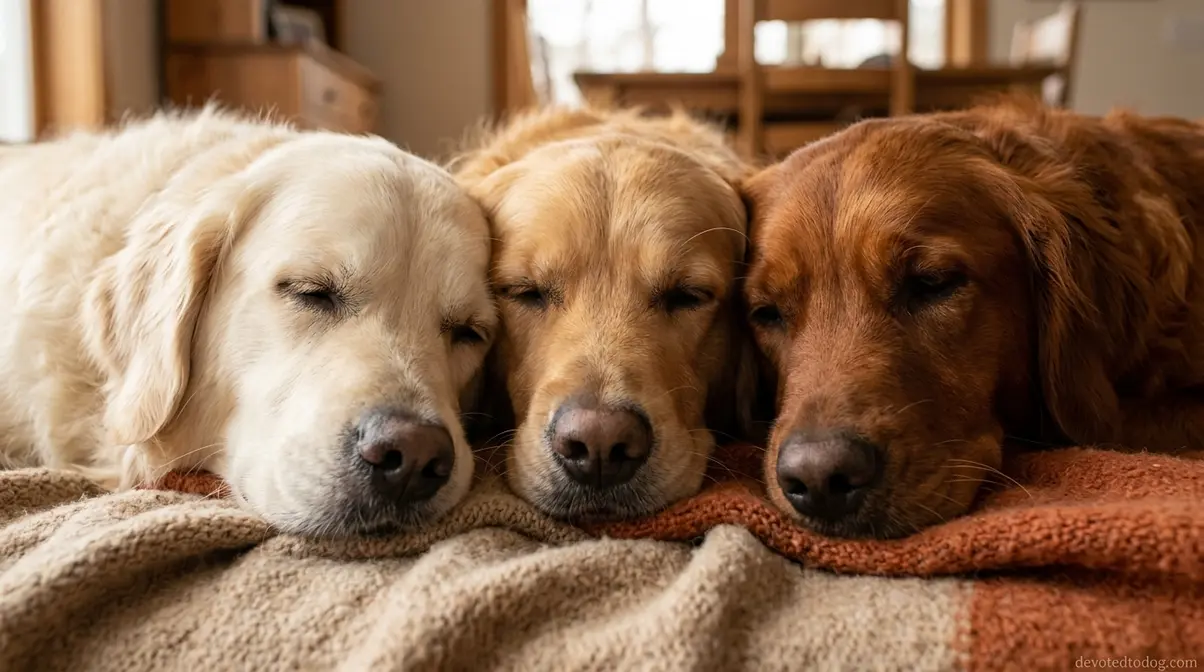 Close up of different Golden Retriever coat colors ranging from cream to dark red