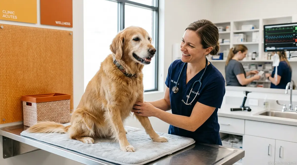 Veterinarian examining a healthy Golden Retriever in a modern animal hospital clinic setting