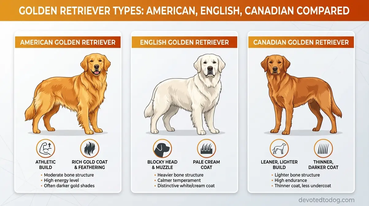 Three types of golden retrievers comparison showing American, English, and Canadian side by side