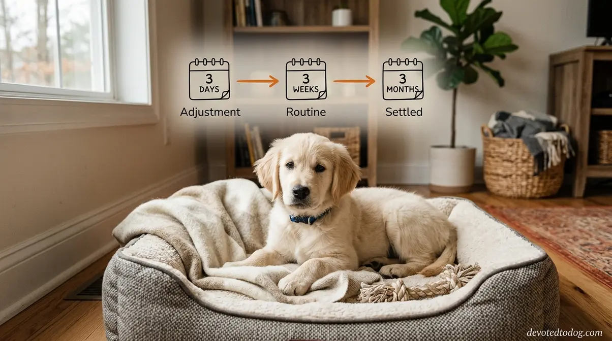Adopted Golden Retriever settling into a new home following the 3-3-3 rule adjustment timeline