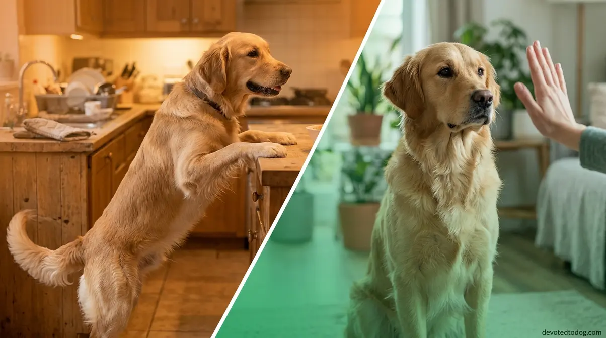 Golden Retriever showing common teenage behavior problems versus calm trained behavior side by side