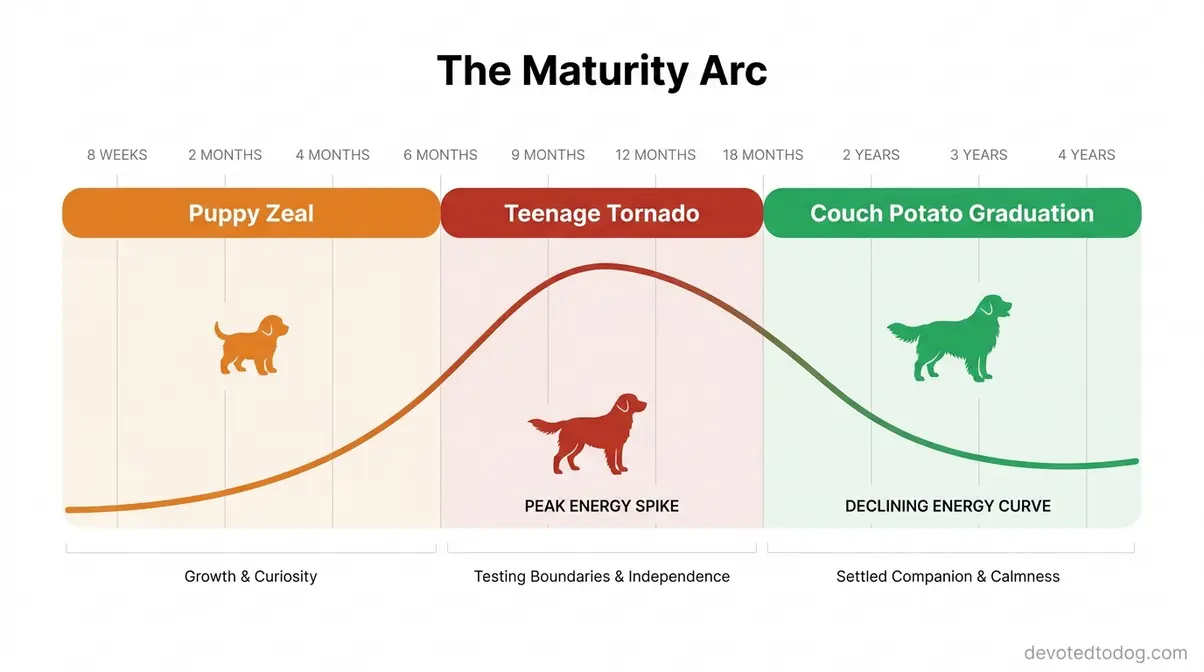 Golden Retriever calming timeline infographic showing three developmental phases from puppy to adult with energy levels
