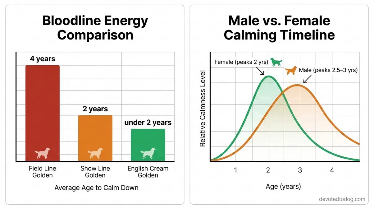 Chart comparing field versus show line golden retrievers and male versus female energy level differences by age