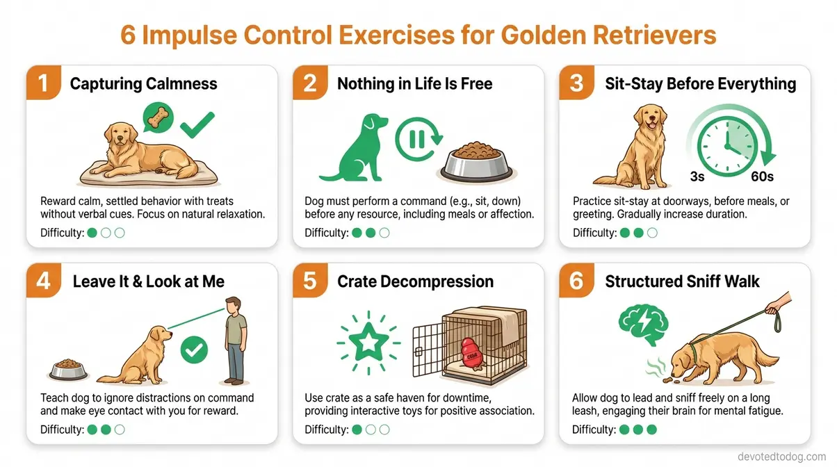 Step-by-step diagram of six impulse control exercises for golden retriever puppies during the teenage phase