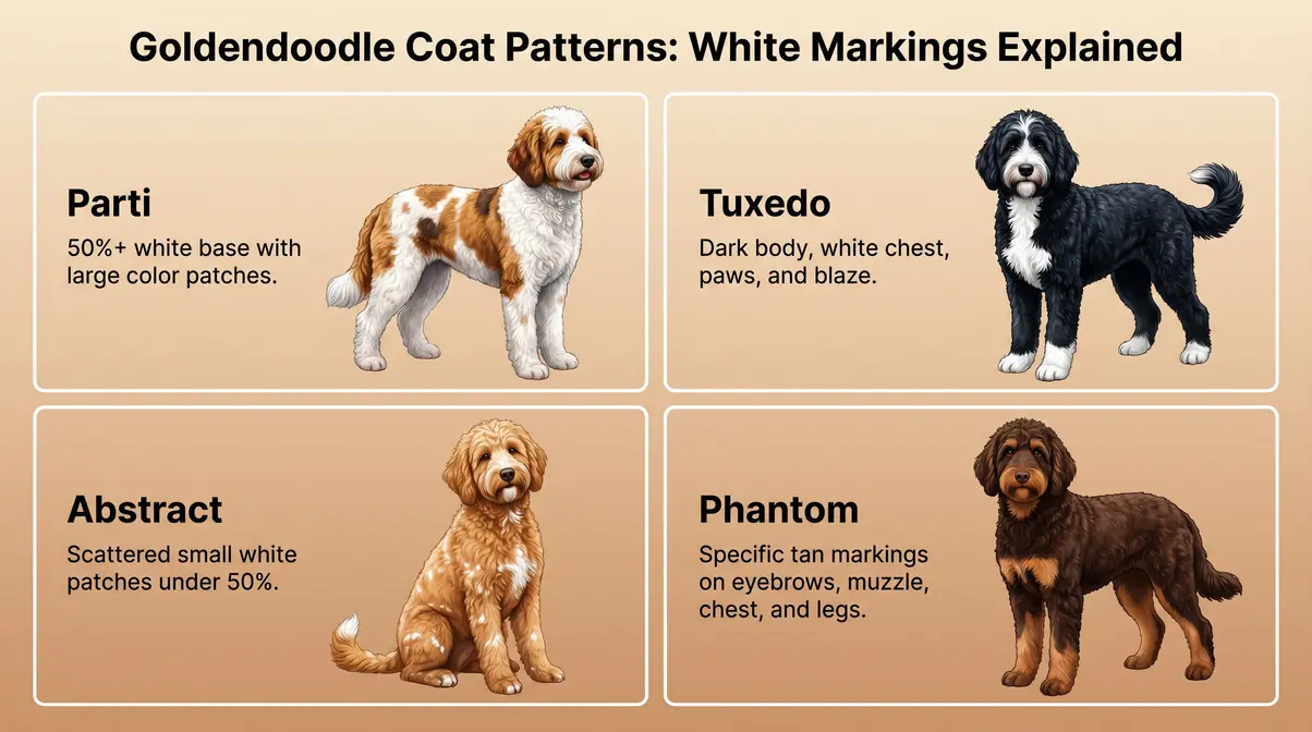Goldendoodle coat pattern infographic showing parti, tuxedo, abstract, and phantom white marking patterns on four different dogs
