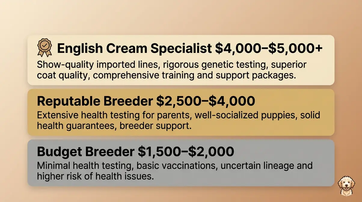 White Goldendoodle price tier infographic showing three breeder categories from budget to English Cream specialist with price ranges