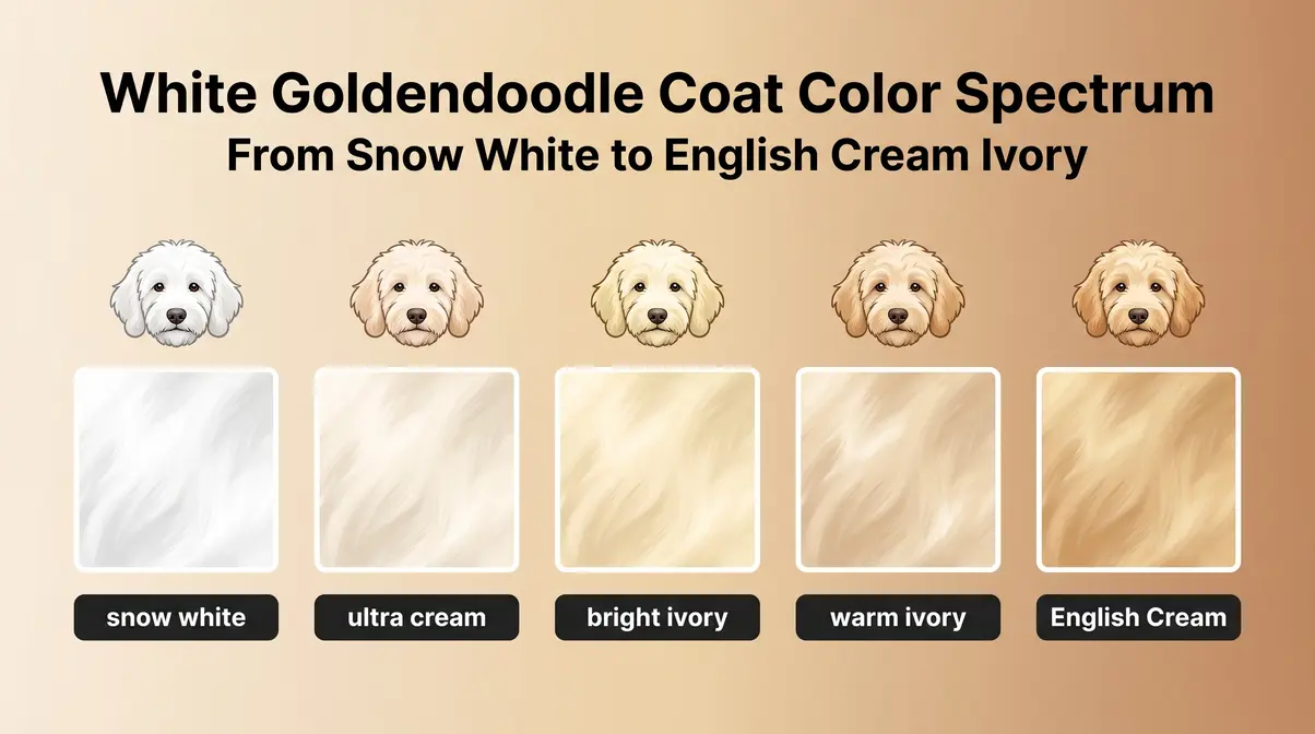 White Goldendoodle coat color spectrum infographic showing five shades from snow white to English Cream ivory in adult dogs