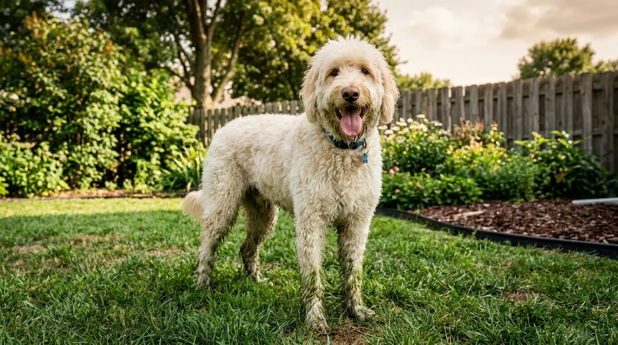 White Goldendoodle with grass staining on paws and lower legs after outdoor play illustrating common coat maintenance challenge