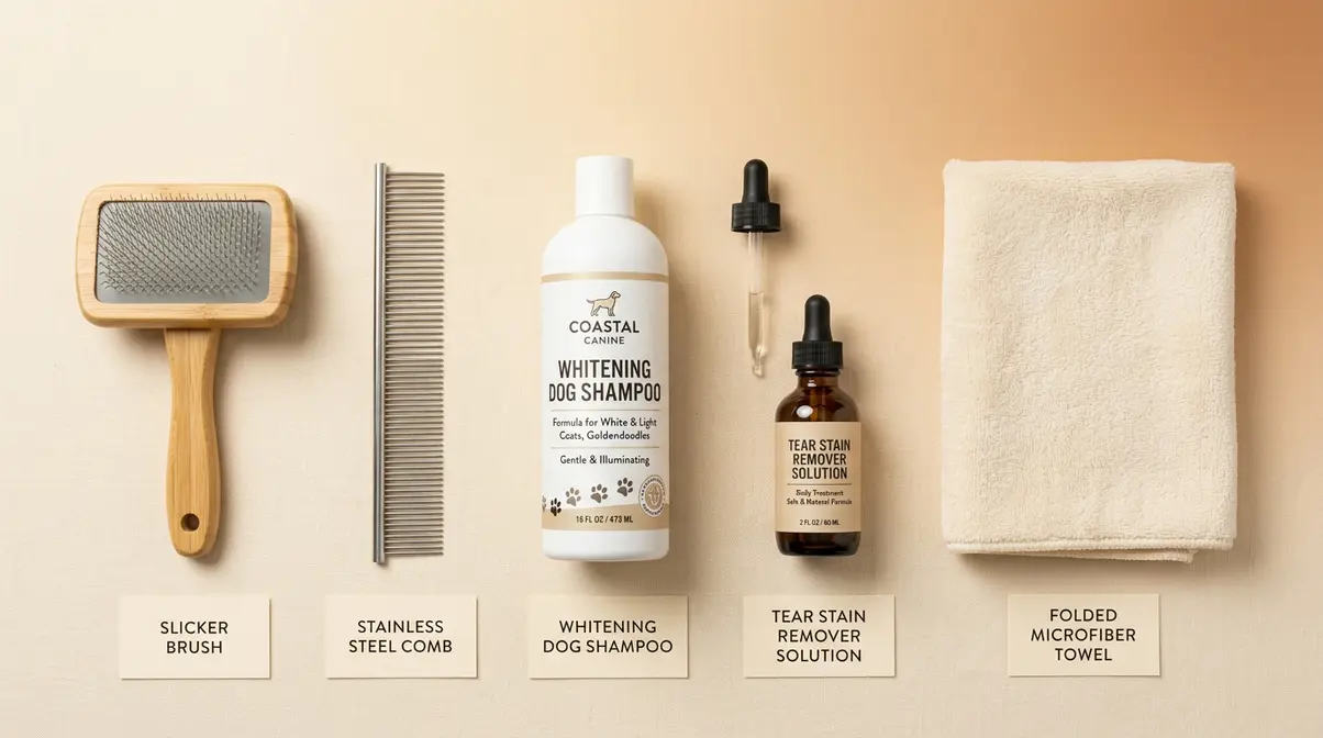 White Goldendoodle grooming tools including slicker brush, greyhound comb, whitening shampoo, and tear stain remover arranged on cream surface