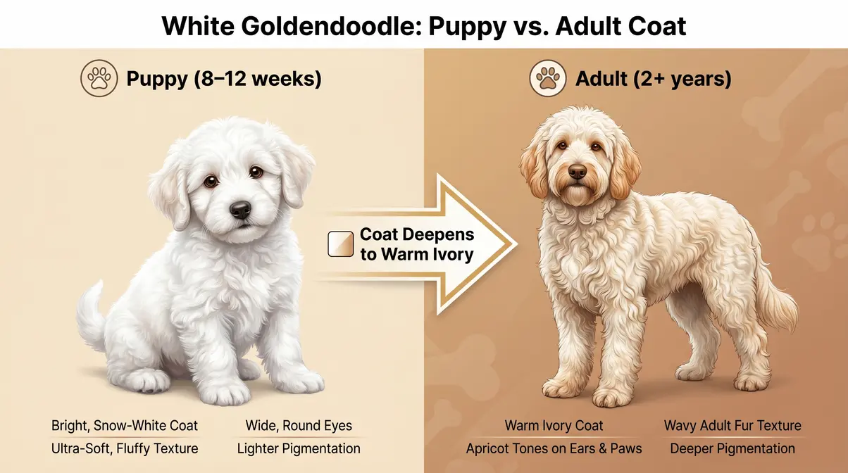 White Goldendoodle puppy and full grown adult side-by-side comparison showing coat color change from bright white to warm ivory
