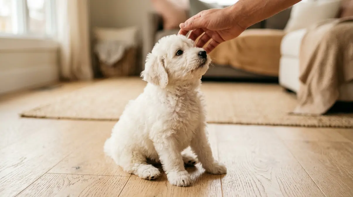 White Goldendoodle puppy looking up during early bonding and socialization at approximately ten weeks old