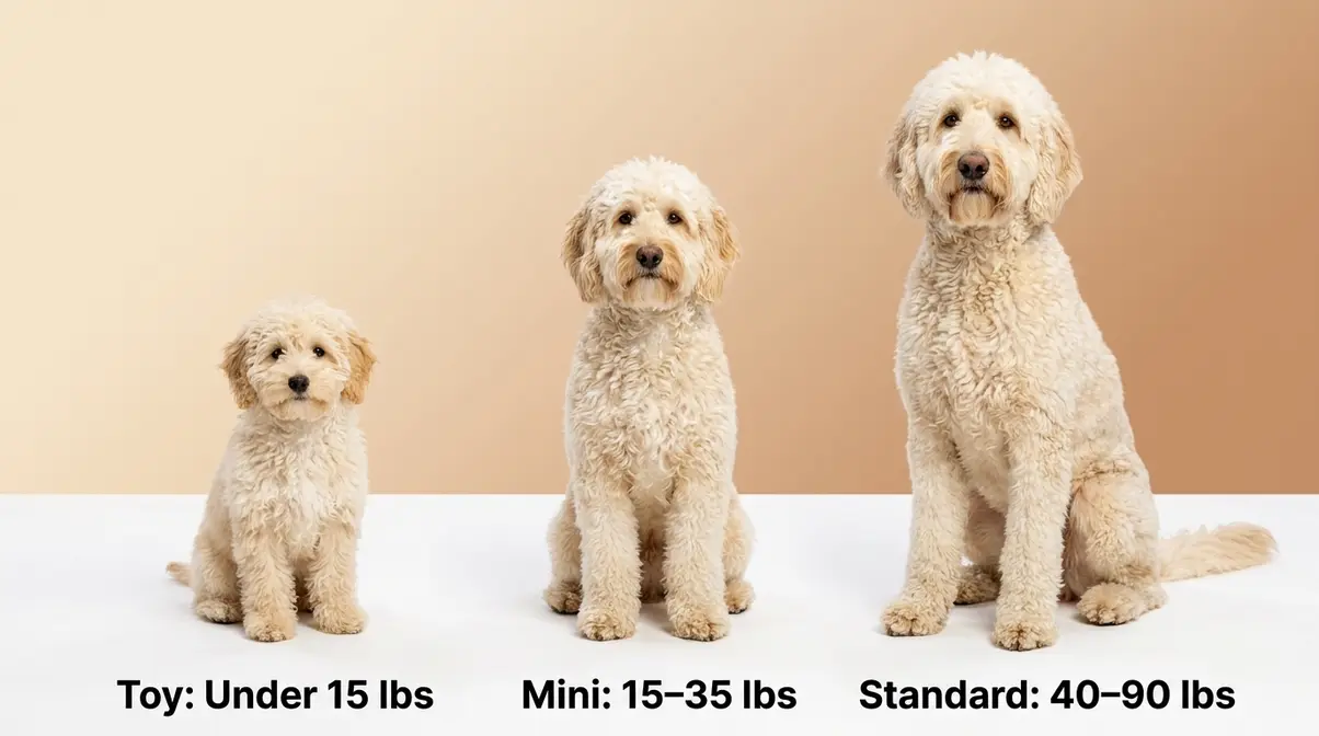 White Goldendoodle size comparison showing toy, mini, and standard sizes side by side with weight labels