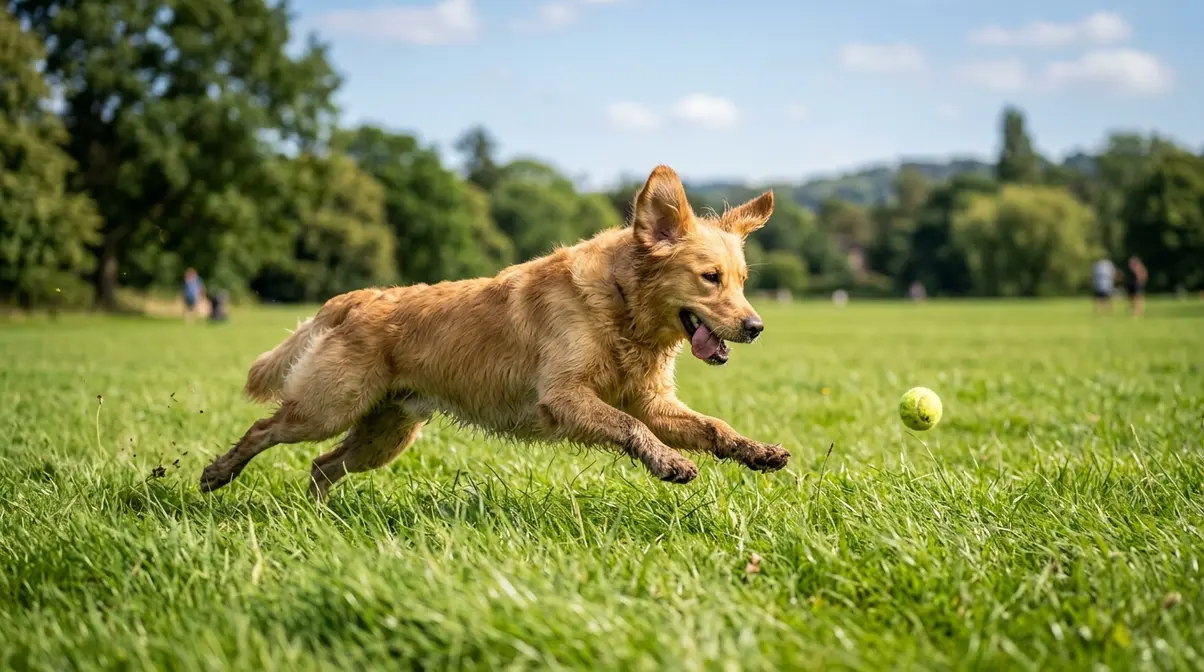 Energetic Golden Retriever running in a park to catch a ball