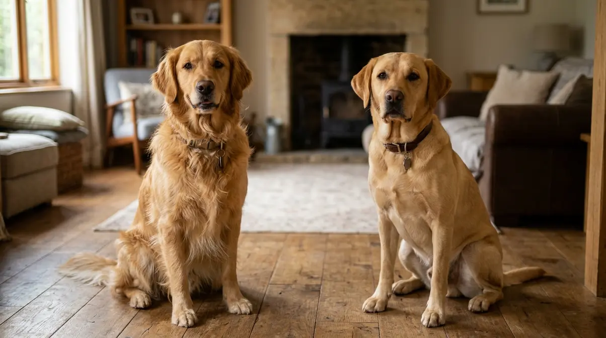 Golden Retriever and Labrador Retriever sitting calmly side by side
