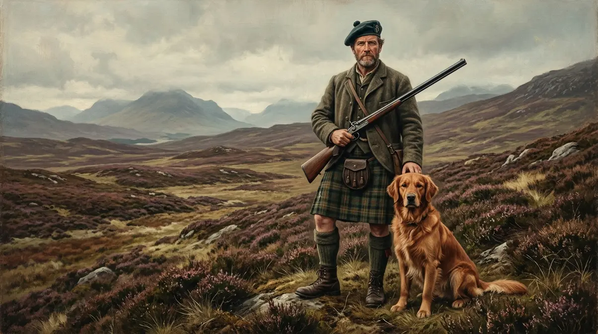 19th-century hunter with a calm Golden Retriever in the Scottish Highlands