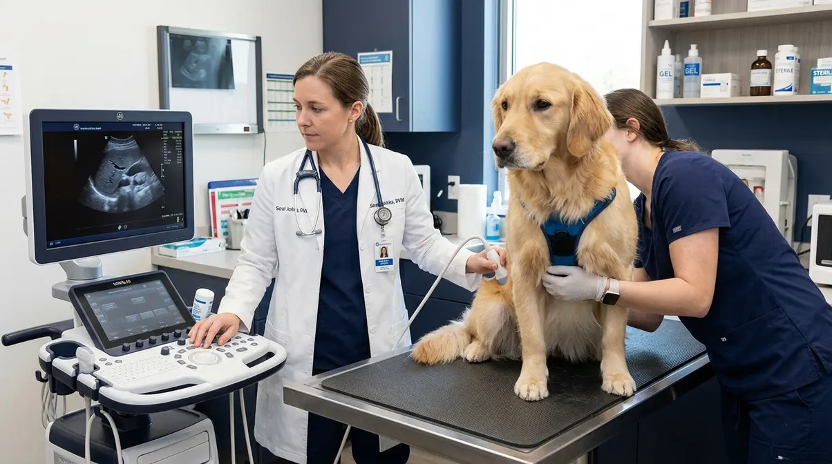 Veterinarian performing an ultrasound examination on a calm Golden Retriever