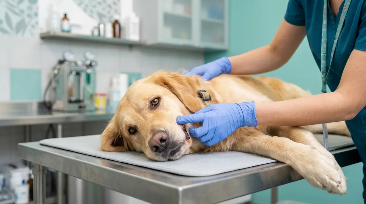 Veterinarian checking golden retriever gum color during examination for panting concerns