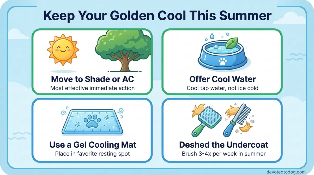 Illustrated guide showing four cooling methods for golden retrievers in summer heat