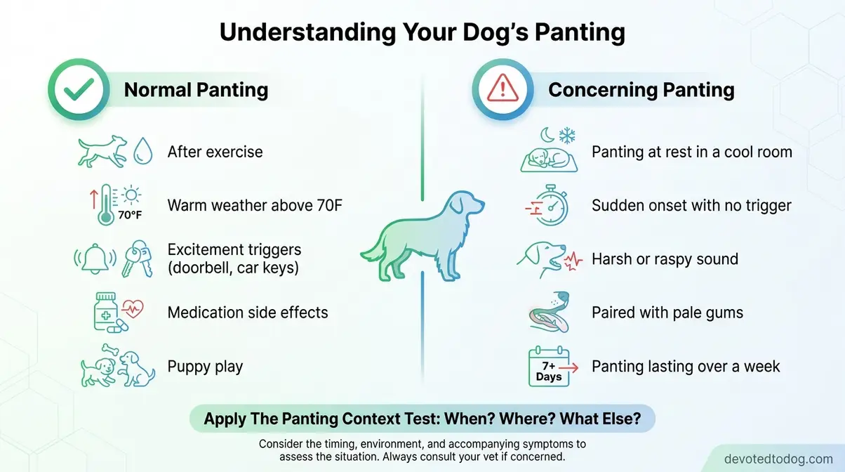 Infographic comparing normal golden retriever panting triggers versus warning signs needing vet attention