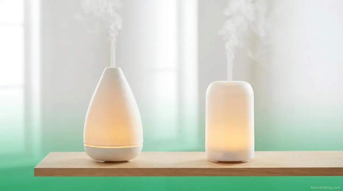 Two ultrasonic essential oil diffusers side by side comparing premium Young Living diffuser style versus budget third-party alternative