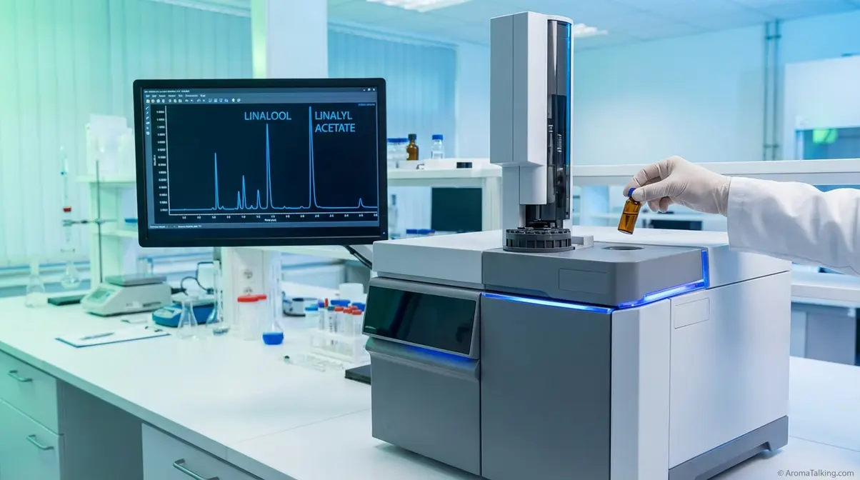 GC/MS laboratory testing machine analyzing essential oil purity with chromatogram results showing chemical compound breakdown