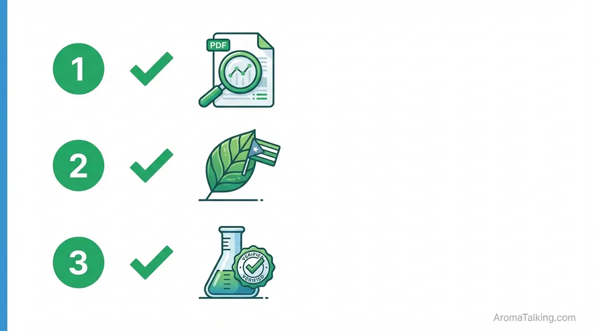 Three-step essential oil quality checklist icons showing GC/MS report verification, botanical name check, and third-party lab confirmation